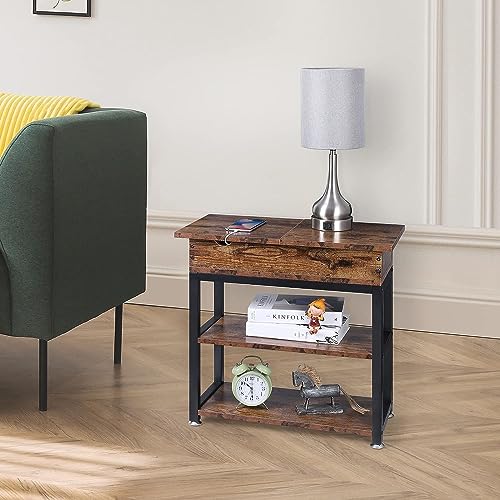 HYGRAD BUILT TO SURVIVE 3 Tier Industrial Look Wooden Metal Flip Top Rolling Wheels Portable End Side Table With UK Charging Station & USB Ports