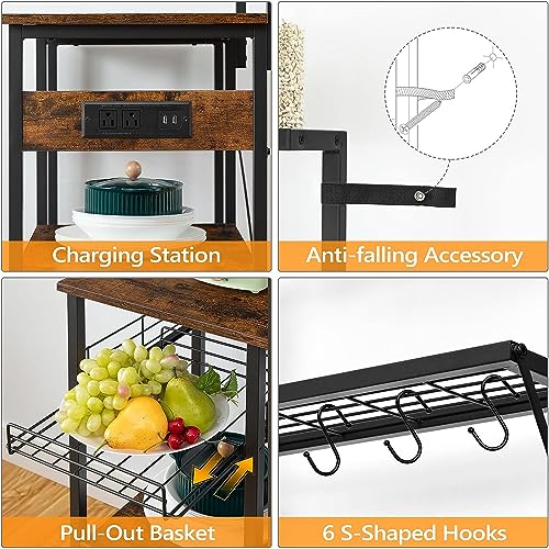 HYGRAD BUILT TO SURVIVE 4 Tier Industrial Look Wooden Multipurpose Kitchen Home Storage Rack Table Shelf With Hooks & Basket