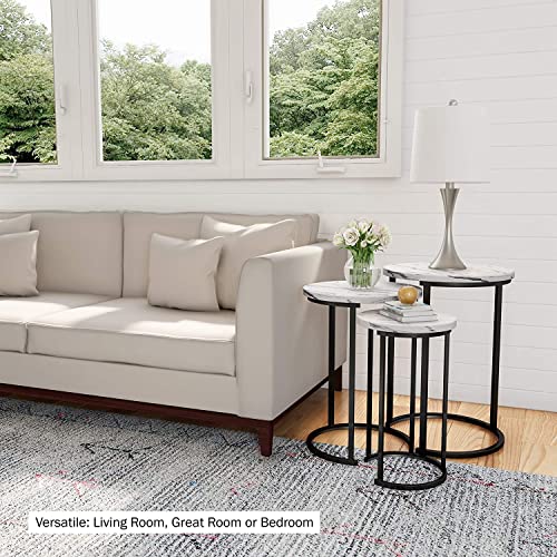Set of 3 Round Vintage Wooden/Steel Nesting Side Coffee Tables Stacking Sofa Side, Space Saving Coffee Tea Table for Hallway Living Room Bedroom Office White Marble Look Large, Medium & Small (White)