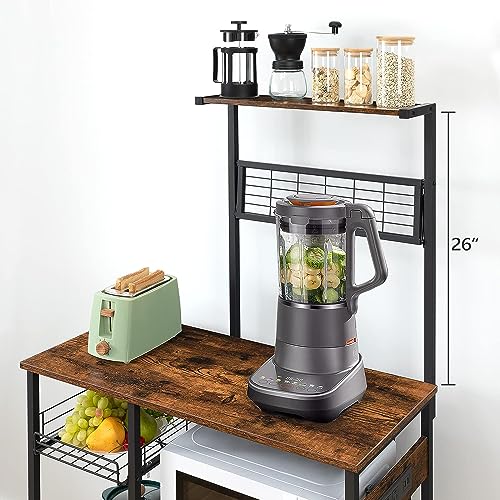 HYGRAD BUILT TO SURVIVE 4 Tier Industrial Look Wooden Multipurpose Kitchen Home Storage Rack Table Shelf With Hooks & Basket