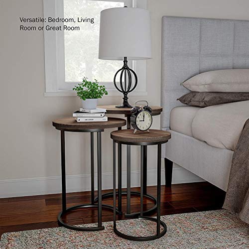Set of 3 Round Vintage Wooden/Steel Nesting Side Coffee Tables Stacking Sofa Side Tables, Space Saving Coffee Tea Table for Hallway Living Room Bedroom Office Rustic Brown+Black, Round