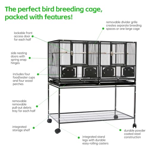 42" Single Stackable Deep & Wide Breeding Center Divider Nest Box Bird Rolling Stand Cage Divided Breeder Parakeet Bird Cage for Canary Cockatiel Parrot Lovebird (Black 95x60x104cm)