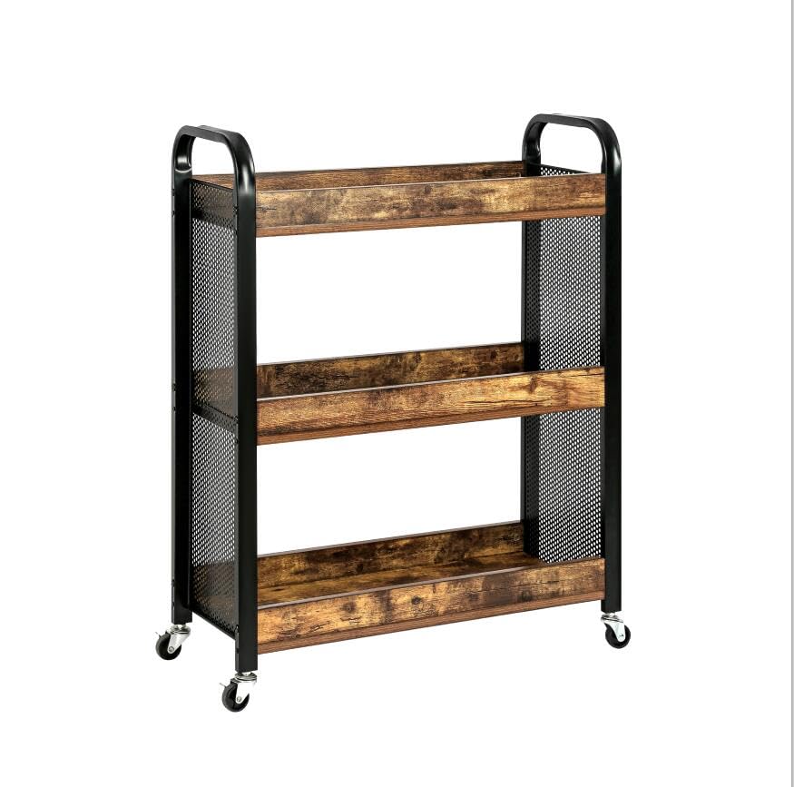 HYGRAD BUILT TO SURVIVE Wooden/Metal Industrial Look Rustic Narrow Rolling Kitchen Serving Cart Shelf Organiser Trolley With Wheels