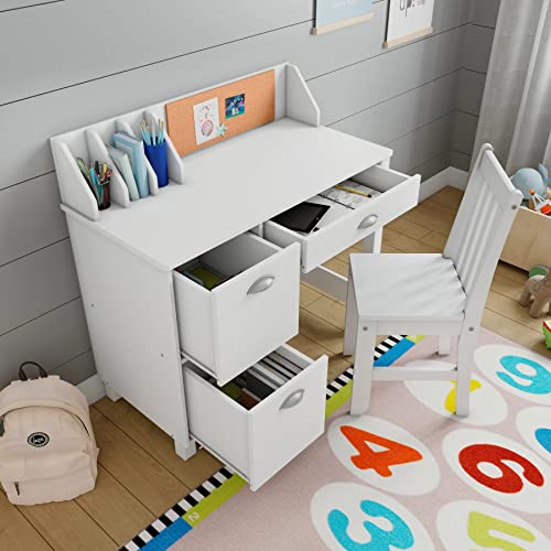 Wooden White Study Desk for Children with Chair, Bulletin Board and Drawers, Gift for Ages 5-14 Computer Desk Home School Student Study PC Writing Desks Table for Small Spaces Teen Work