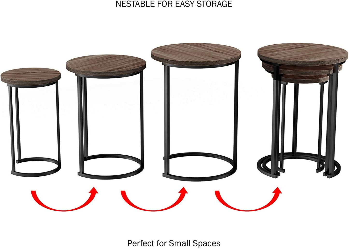 Set of 3 Round Vintage Wooden/Steel Nesting Side Coffee Tables Hallway Bedroom Living Furniture