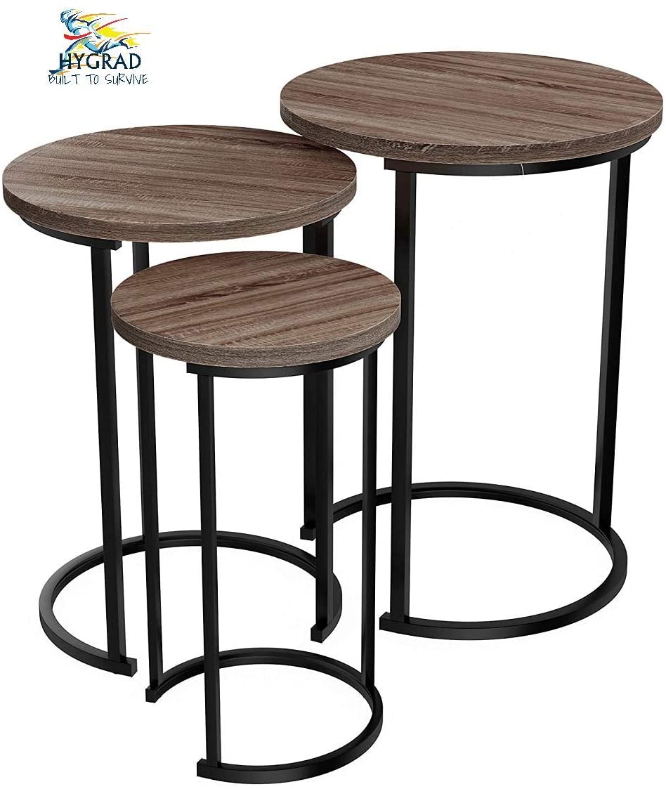Set of 3 Round Vintage Wooden/Steel Nesting Side Coffee Tables Hallway Bedroom Living Furniture