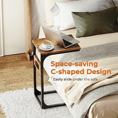 HYGRAD BUILT TO SURVIVE C-Shaped Wooden Industrial Look End Bedside Table Lap Desk With UK Plug Charging Station USB Ports Home Office