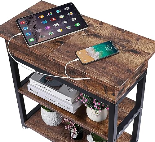 HYGRAD BUILT TO SURVIVE 3 Tier Industrial Look Wooden Metal Flip Top Rolling Wheels Portable End Side Table With UK Charging Station & USB Ports