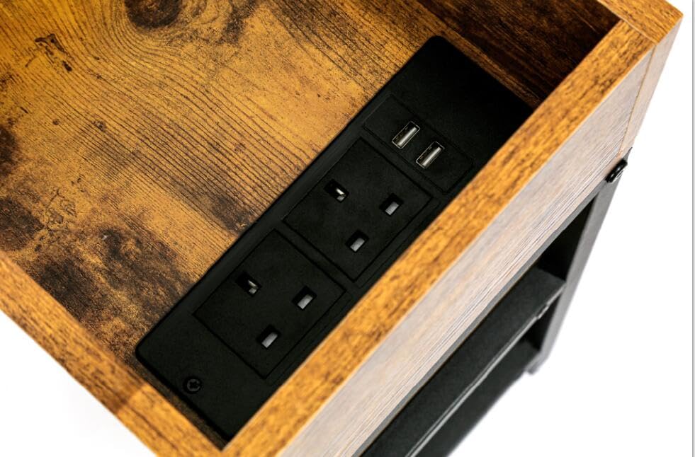 HYGRAD BUILT TO SURVIVE 3 Tier Industrial Look Wooden Metal Flip Top Rolling Wheels Portable End Side Table With UK Charging Station & USB Ports