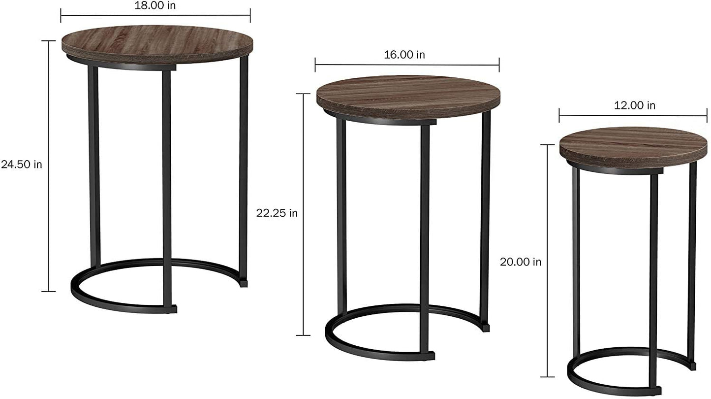 Set of 3 Round Vintage Wooden/Steel Nesting Side Coffee Tables Hallway Bedroom Living Furniture