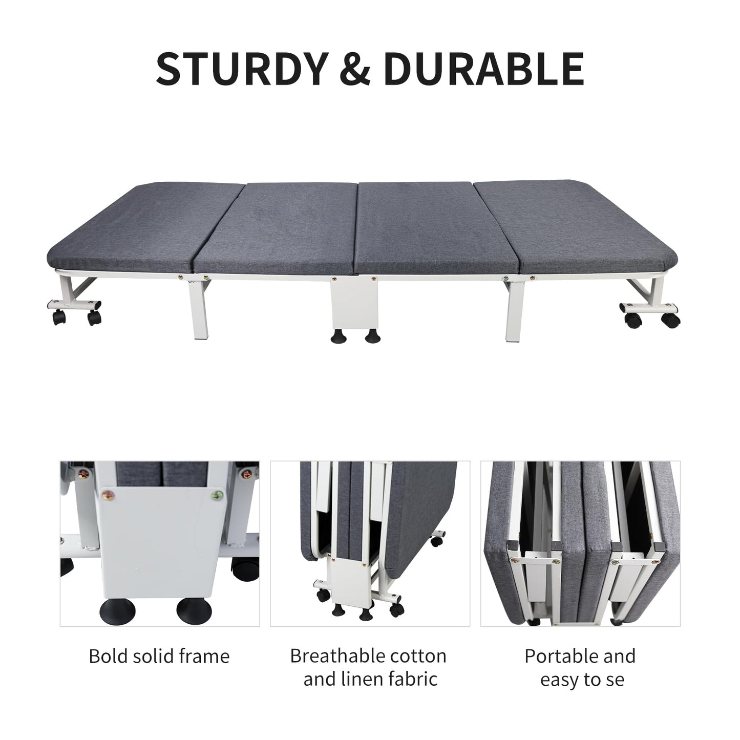 HYGRAD BUILT TO SURVIVE White Metal Rollaway Folding Reclining Massage Garden Hospital Cot Bed With Grey Mattress (190.5 x 79.5 x 27.5 cm)