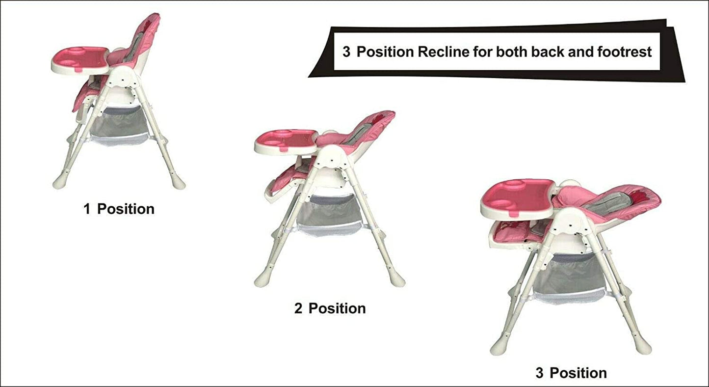 G4RCE Foldable 3 in 1 Baby Toddler Child Kids Infant Highchair Feeding Recliner Adjustable Seat Chair in Pink & Blue
