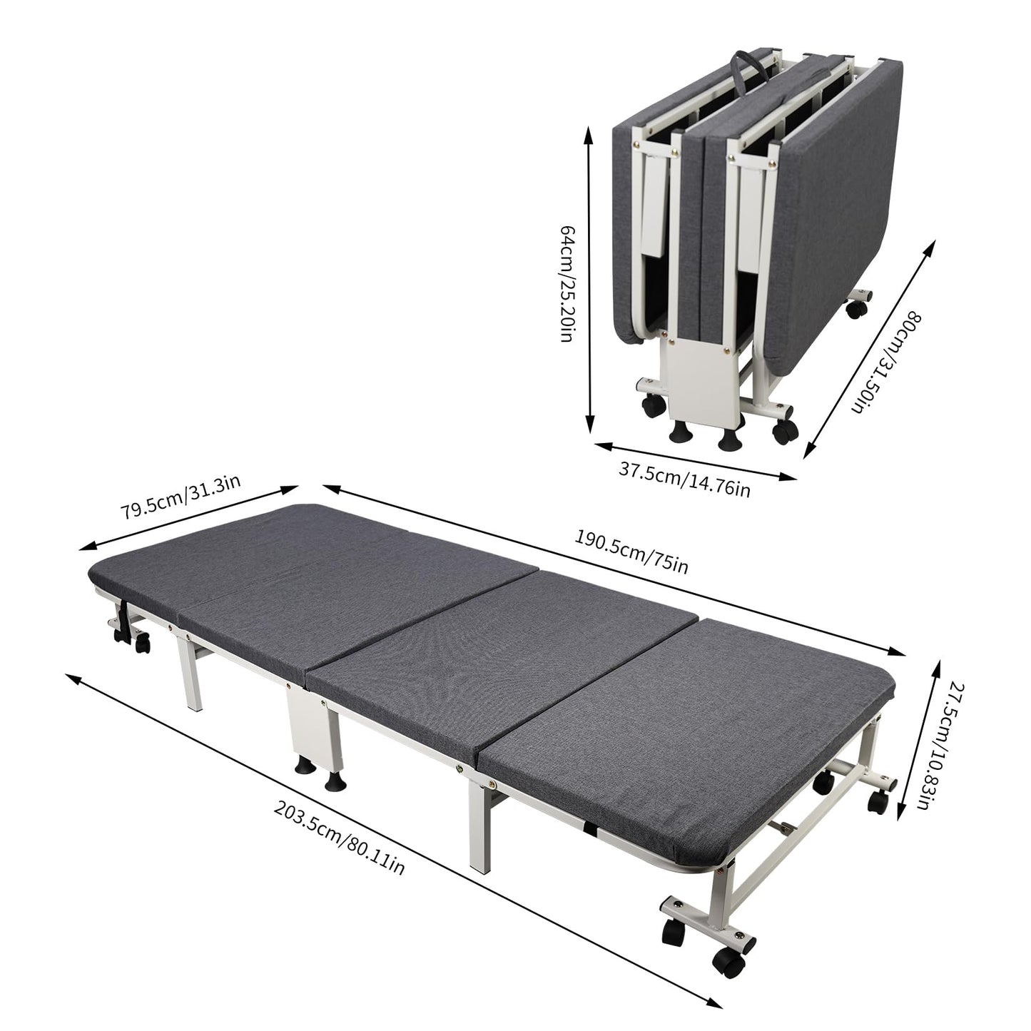 HYGRAD BUILT TO SURVIVE White Metal Rollaway Folding Reclining Massage Garden Hospital Cot Bed With Grey Mattress (190.5 x 79.5 x 27.5 cm)