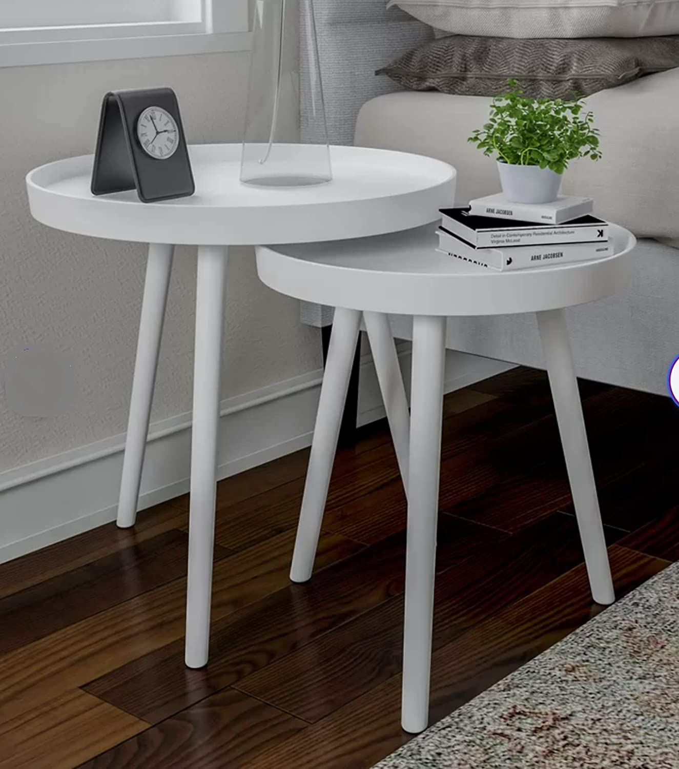 Set of 2 x White Round Wooden Lounge Living Room Coffee End Side Tray Tables Console