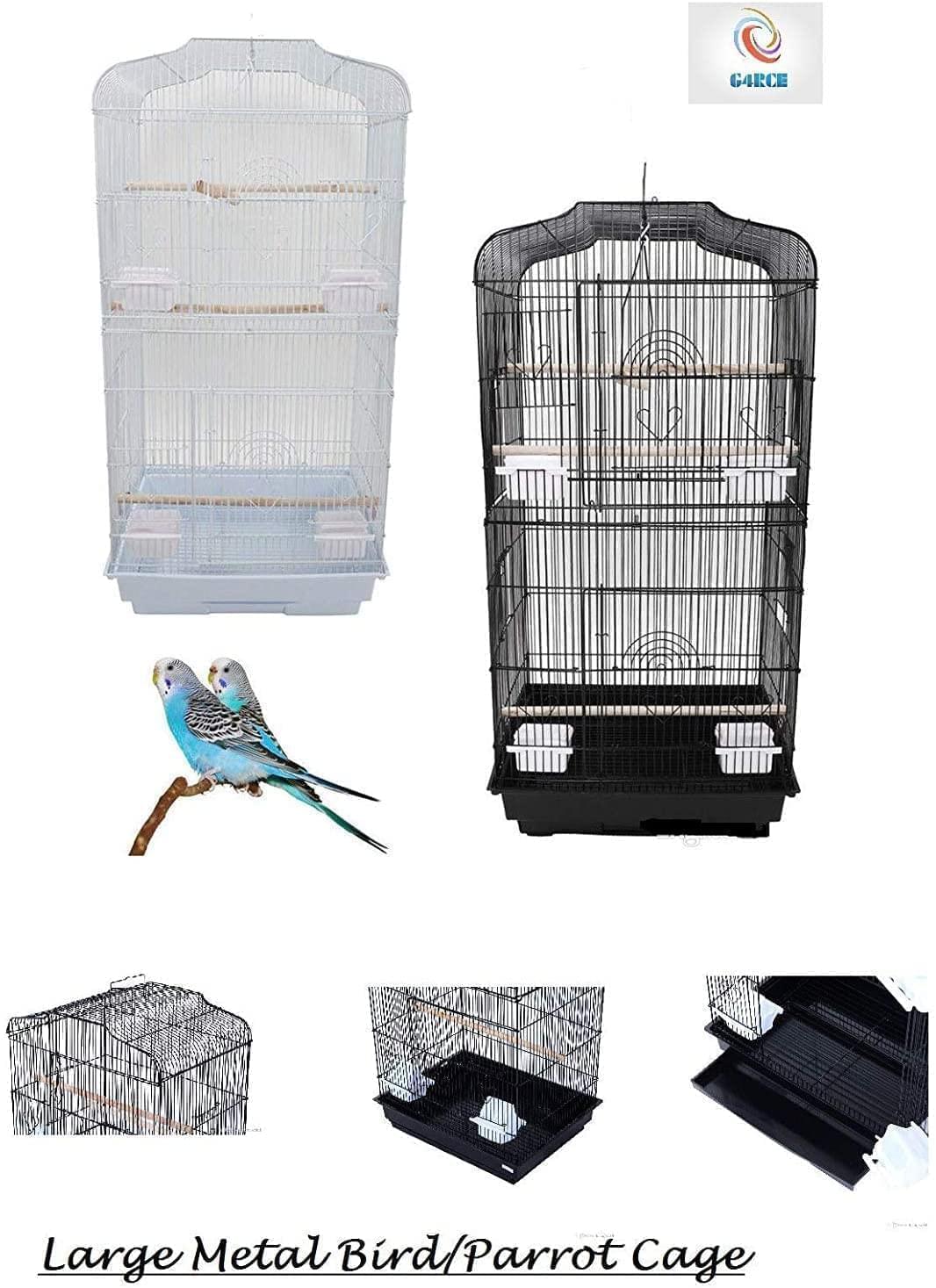 37" Rooftop Metal Large Bird Parrot Cage Carrier For Canary Budgie Cockatiel In Black & White (Black)
