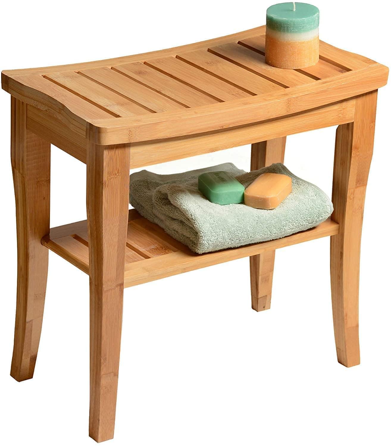 2 Tier Slatted Premium Natural Bamboo Wood Bathroom Stool Bench Seat Shoe Rack Shelf Organizer