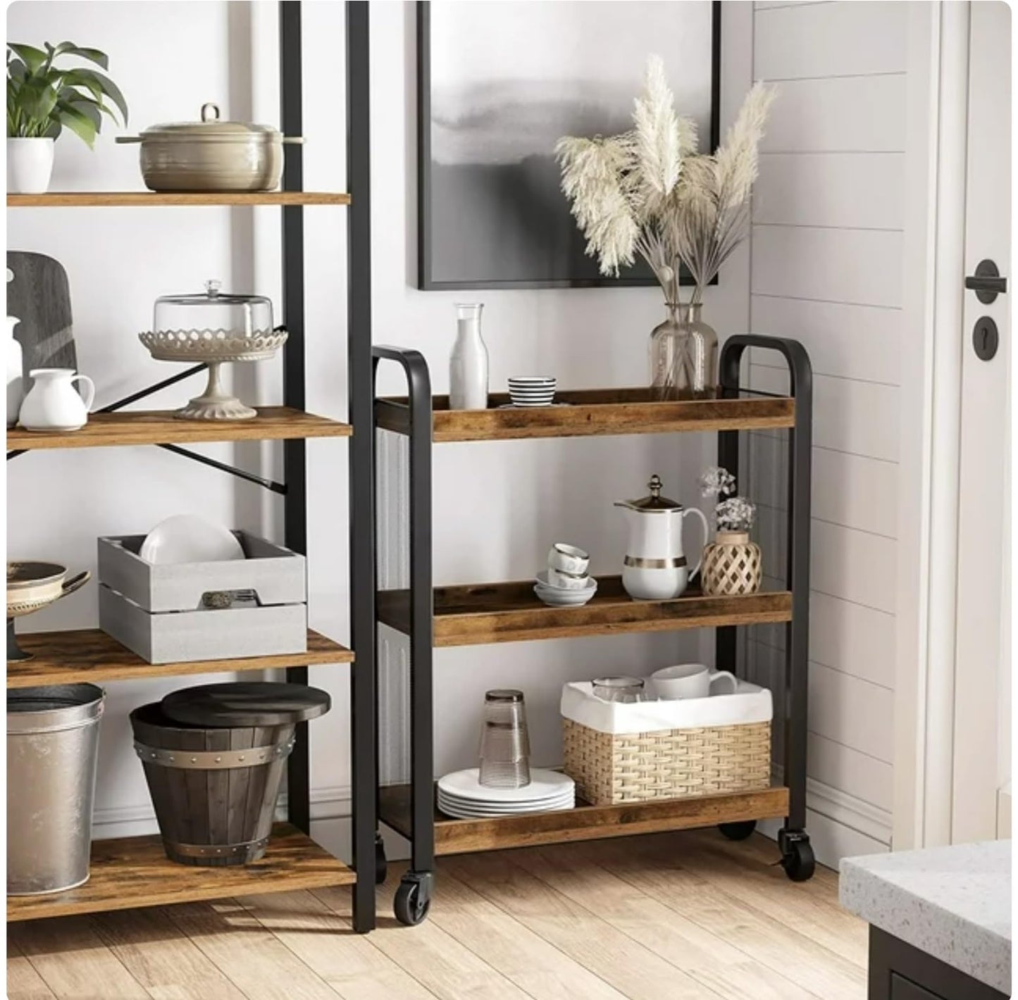HYGRAD BUILT TO SURVIVE Wooden/Metal Industrial Look Rustic Narrow Rolling Kitchen Serving Cart Shelf Organiser Trolley With Wheels