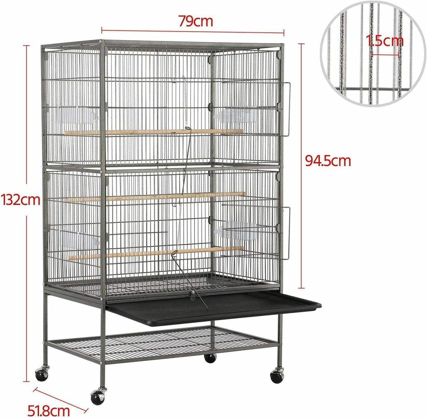 Large 132cm Rolling Portable Metal Bird Cage With Wheels & Tray For Cockatoo Parrot Budgies Canary