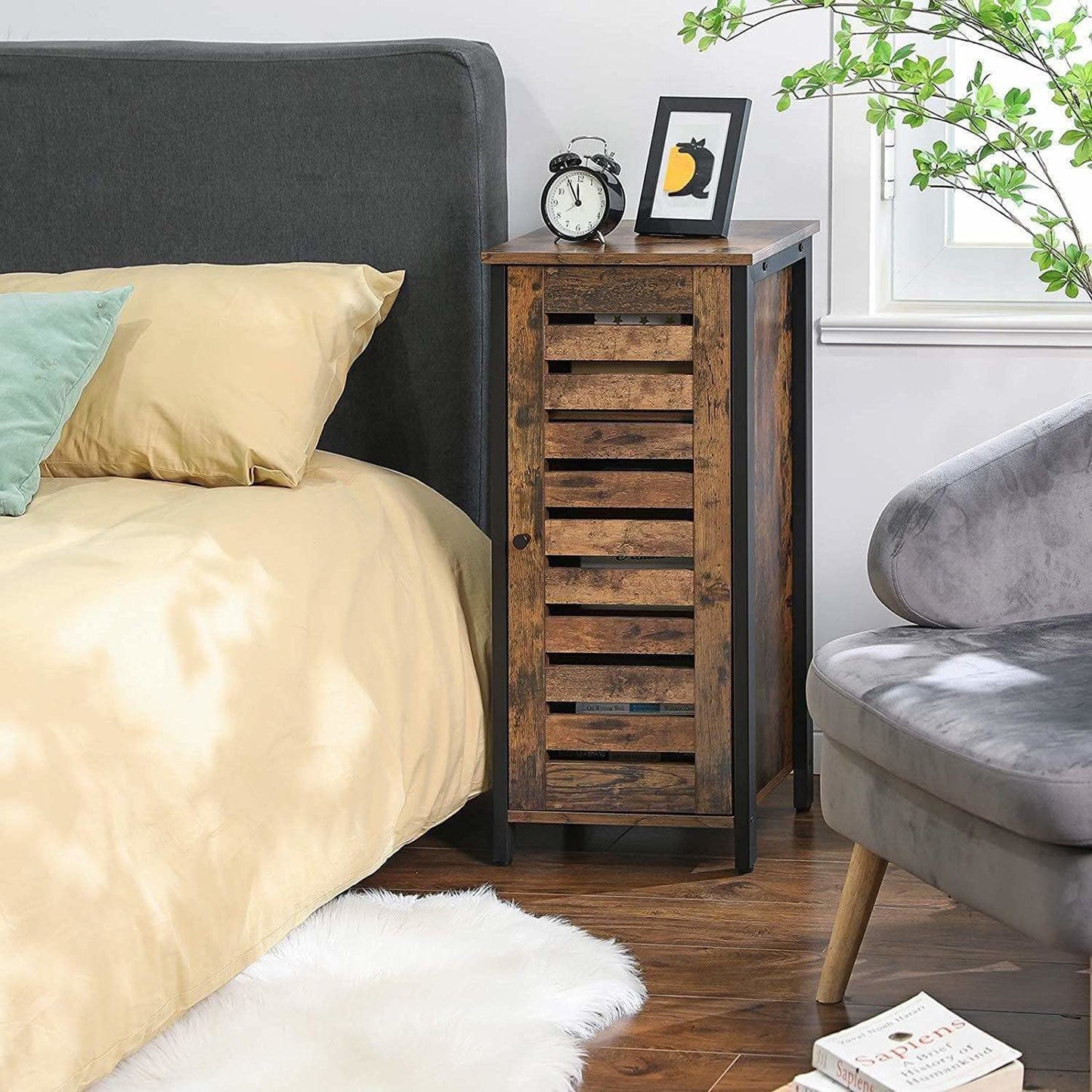 Industrial Style Wood/Steel Nightstand Bedside End Table Bathroom Cabinet Shoe Rack With Shutter Door