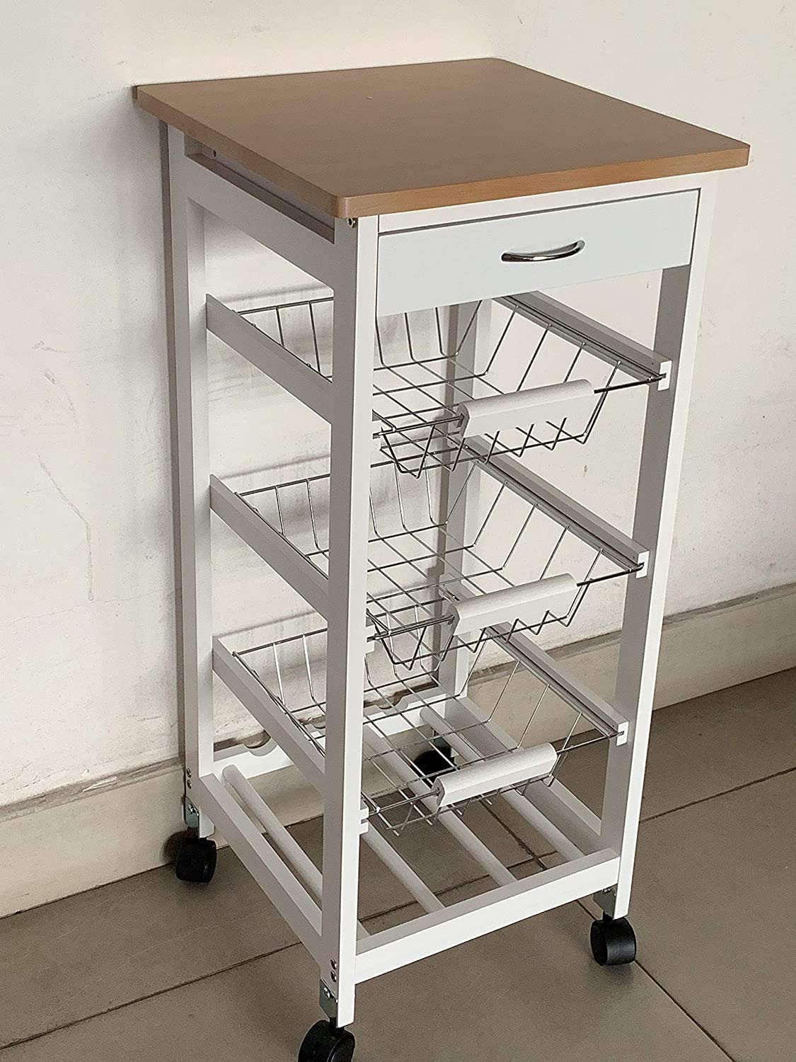 Kitchen Trolley White/Grey Wooden 3 Tier Rolling Basket Organiser Cabinet Cart (3 Basket + 1 Wine Rack)