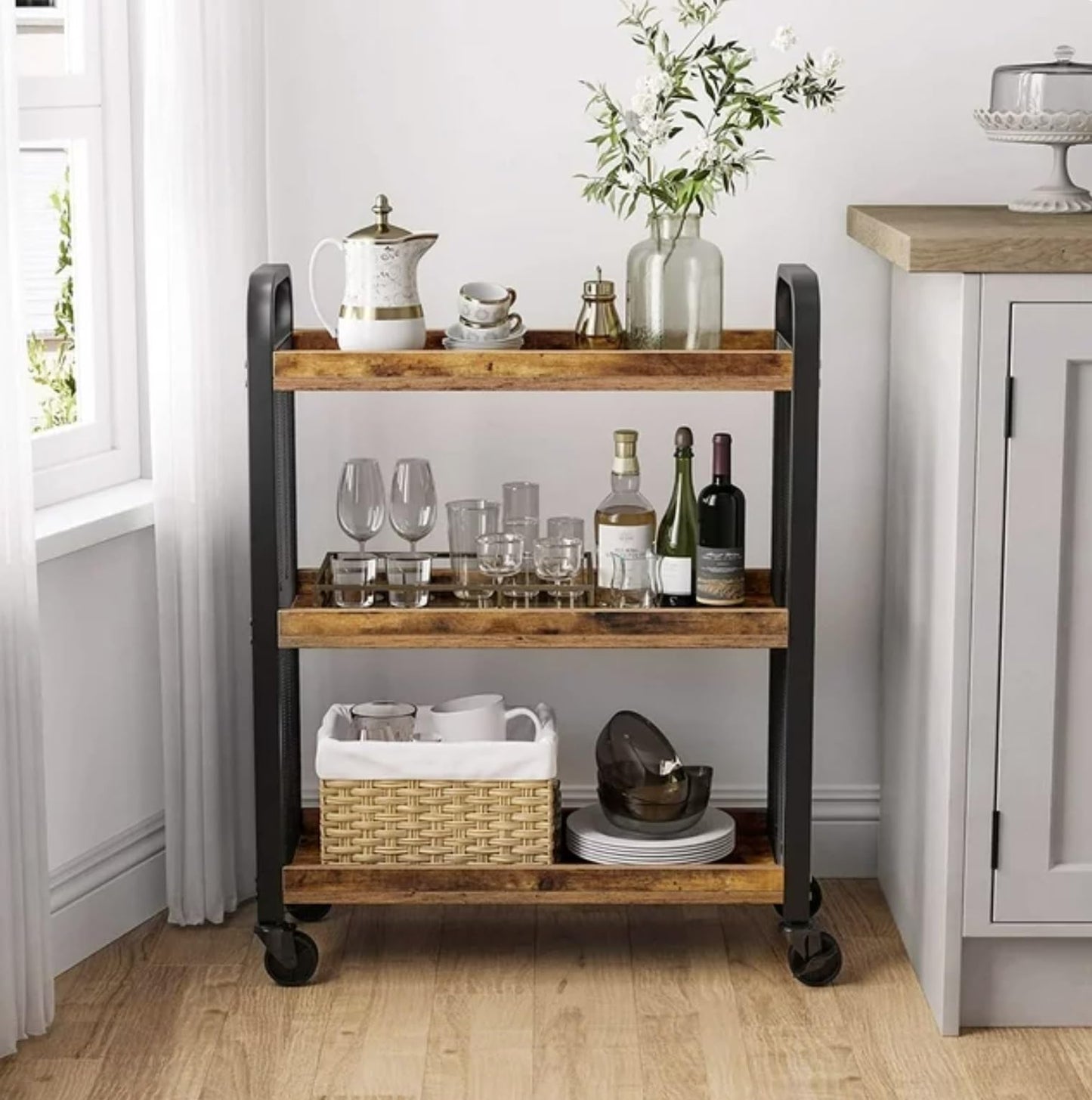 HYGRAD BUILT TO SURVIVE Wooden/Metal Industrial Look Rustic Narrow Rolling Kitchen Serving Cart Shelf Organiser Trolley With Wheels