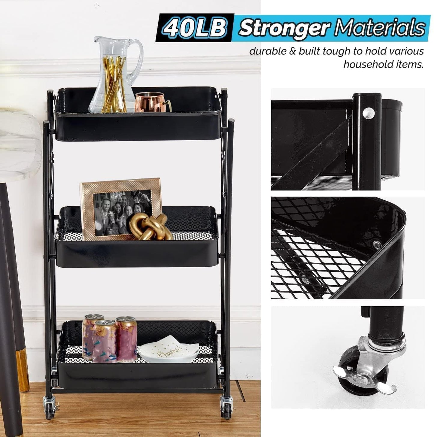 3 Tier Multipurpose Metal Mesh Rolling Foldable Cart Trolley For Salon Work Office Home