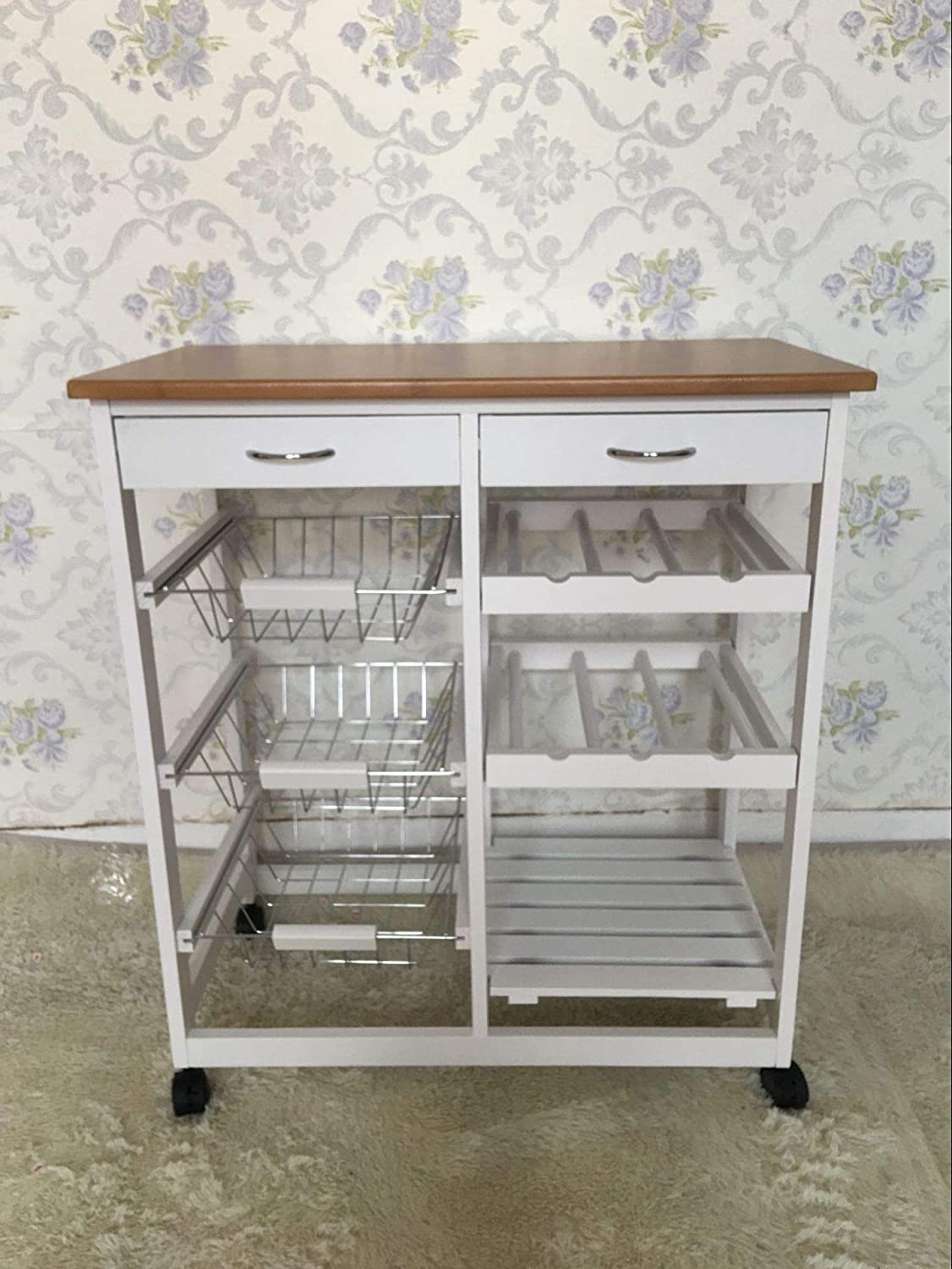 Kitchen Trolley MDF Top White/Grey Island Dining Cart Worktop Basket Storage Lockable Wheels