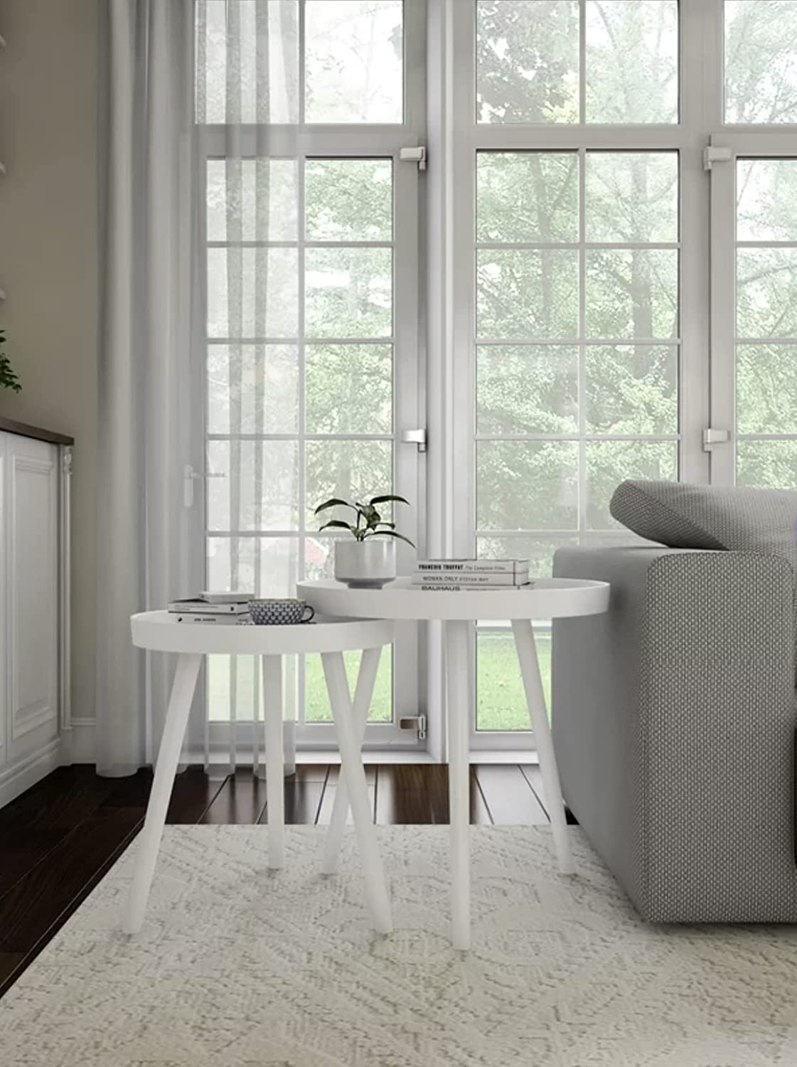 Set of 2 x White Round Wooden Lounge Living Room Coffee End Side Tray Tables Console