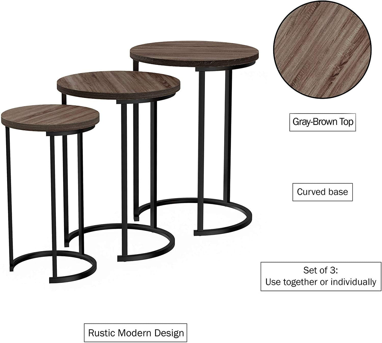 Set of 3 Round Vintage Wooden/Steel Nesting Side Coffee Tables Hallway Bedroom Living Furniture