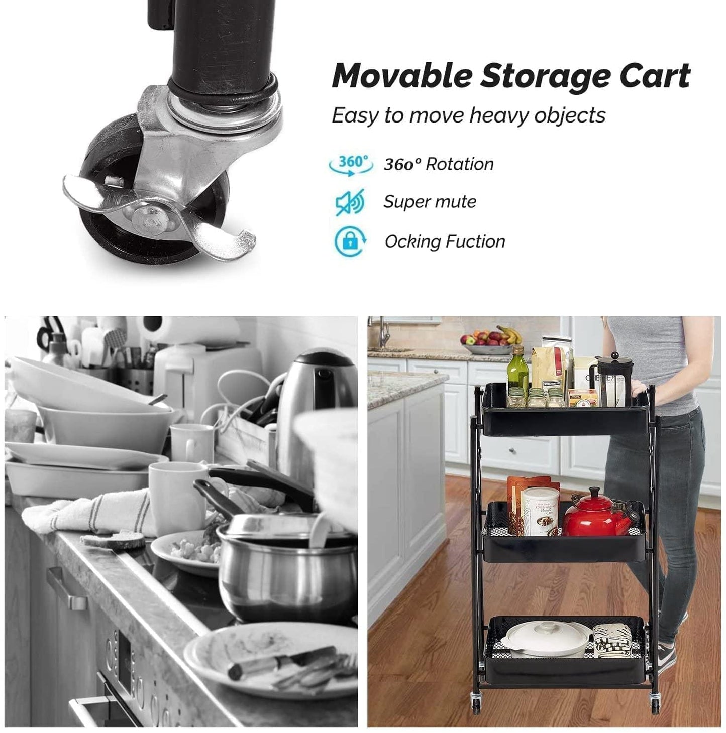 3 Tier Multipurpose Metal Mesh Rolling Foldable Cart Trolley For Salon Work Office Home