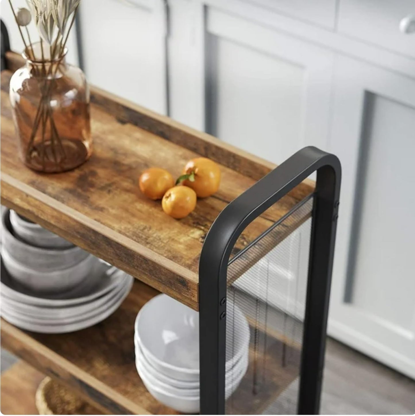 HYGRAD BUILT TO SURVIVE Wooden/Metal Industrial Look Rustic Narrow Rolling Kitchen Serving Cart Shelf Organiser Trolley With Wheels