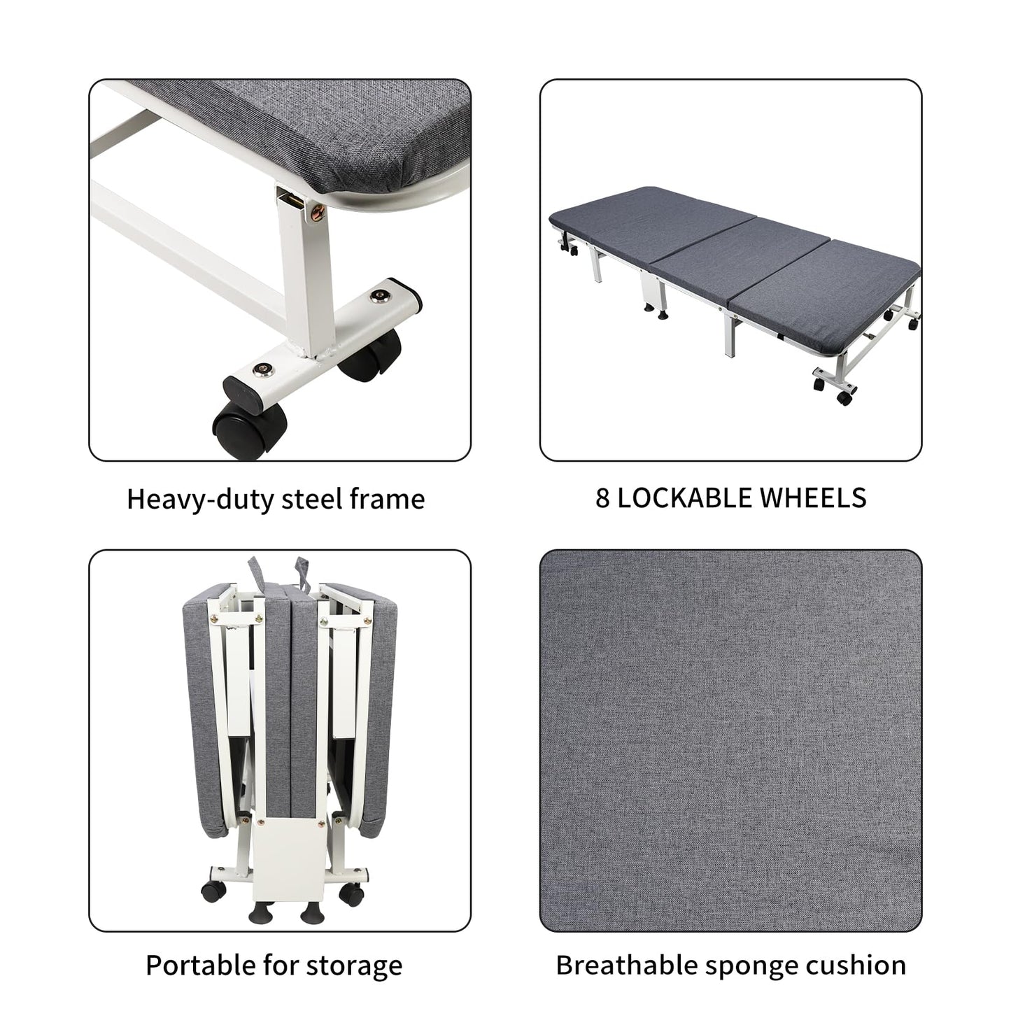 HYGRAD BUILT TO SURVIVE White Metal Rollaway Folding Reclining Massage Garden Hospital Cot Bed With Grey Mattress (190.5 x 79.5 x 27.5 cm)