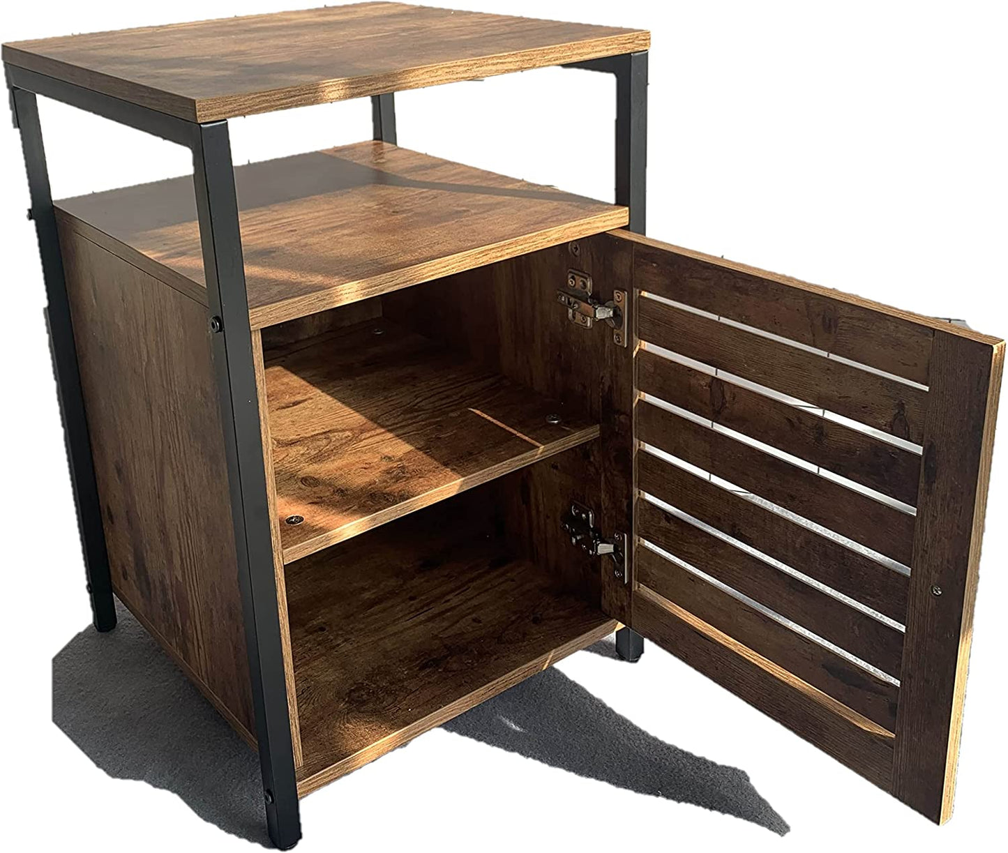 Industrial Style Wooden/Steel Rustic Bedside End Table Nightstand Shelf Cabinet With Shutter Door