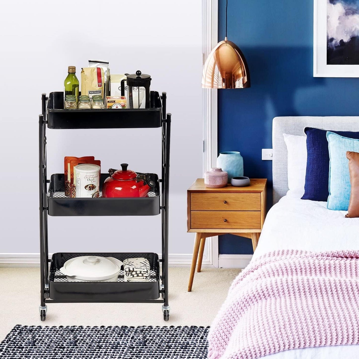 3 Tier Multipurpose Metal Mesh Rolling Foldable Cart Trolley For Salon Work Office Home