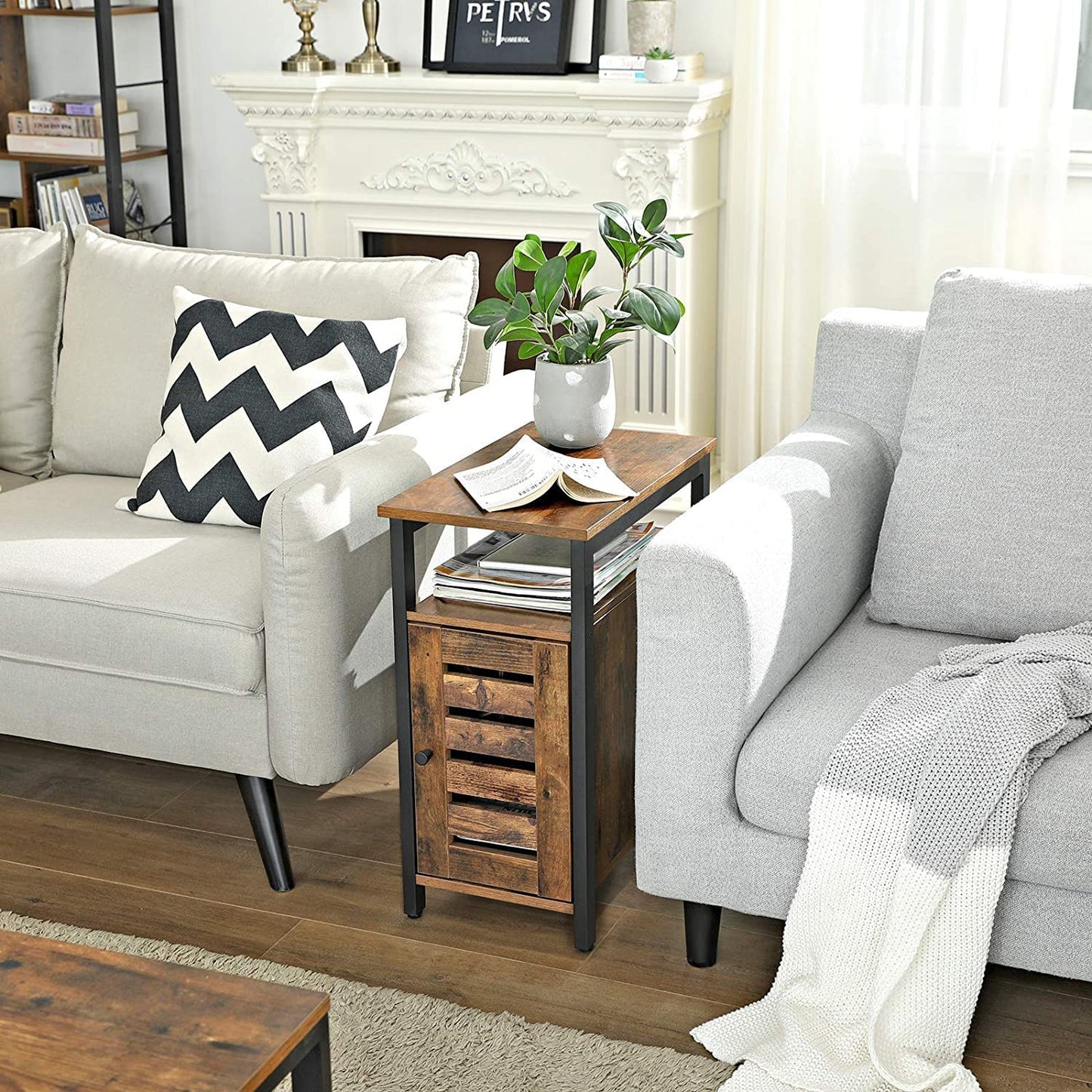 Industrial Rustic Wood/Steel Narrow End Sofa Side Table Shelf With Shutter Door Storage