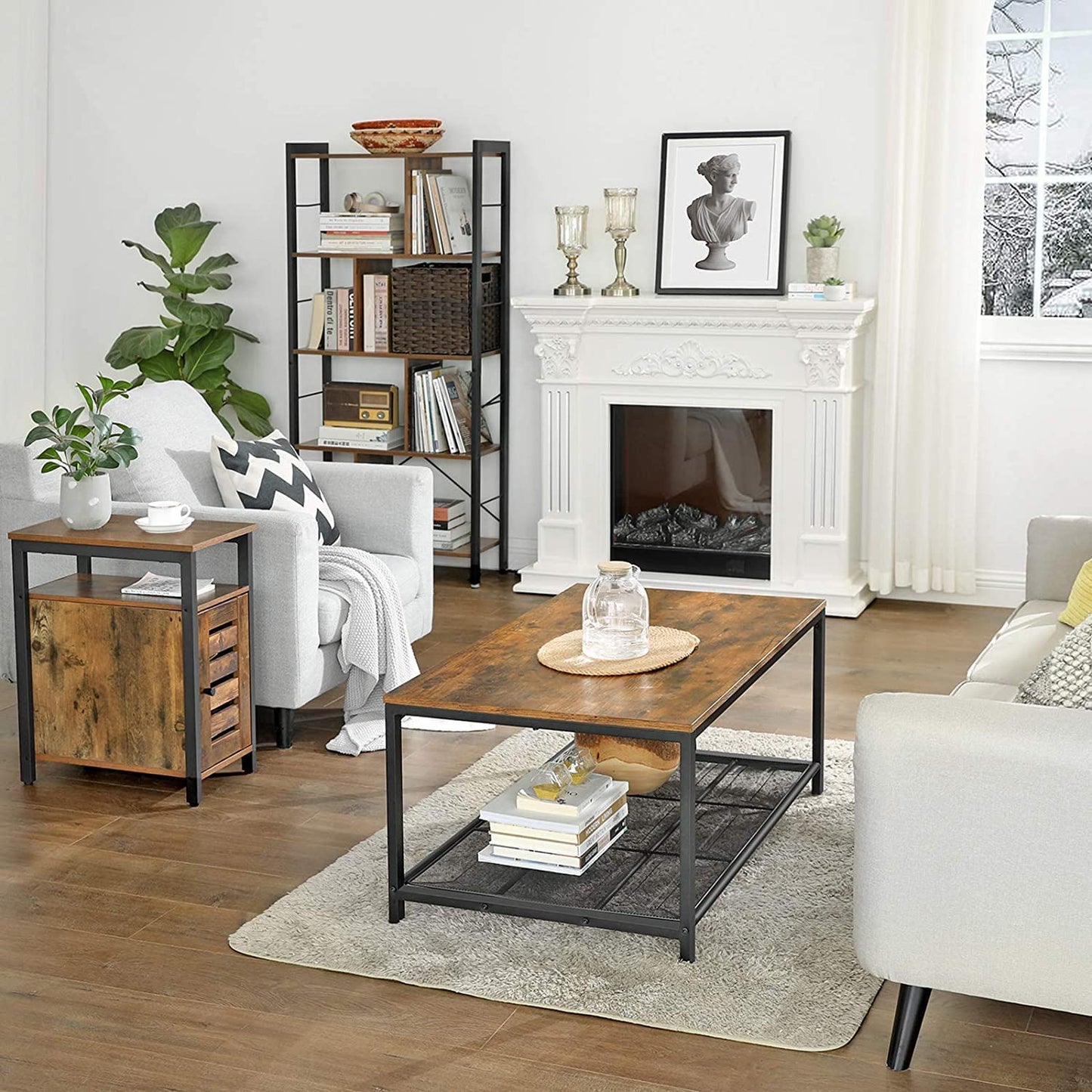 Industrial Rustic Wood/Steel Narrow End Sofa Side Table Shelf With Shutter Door Storage