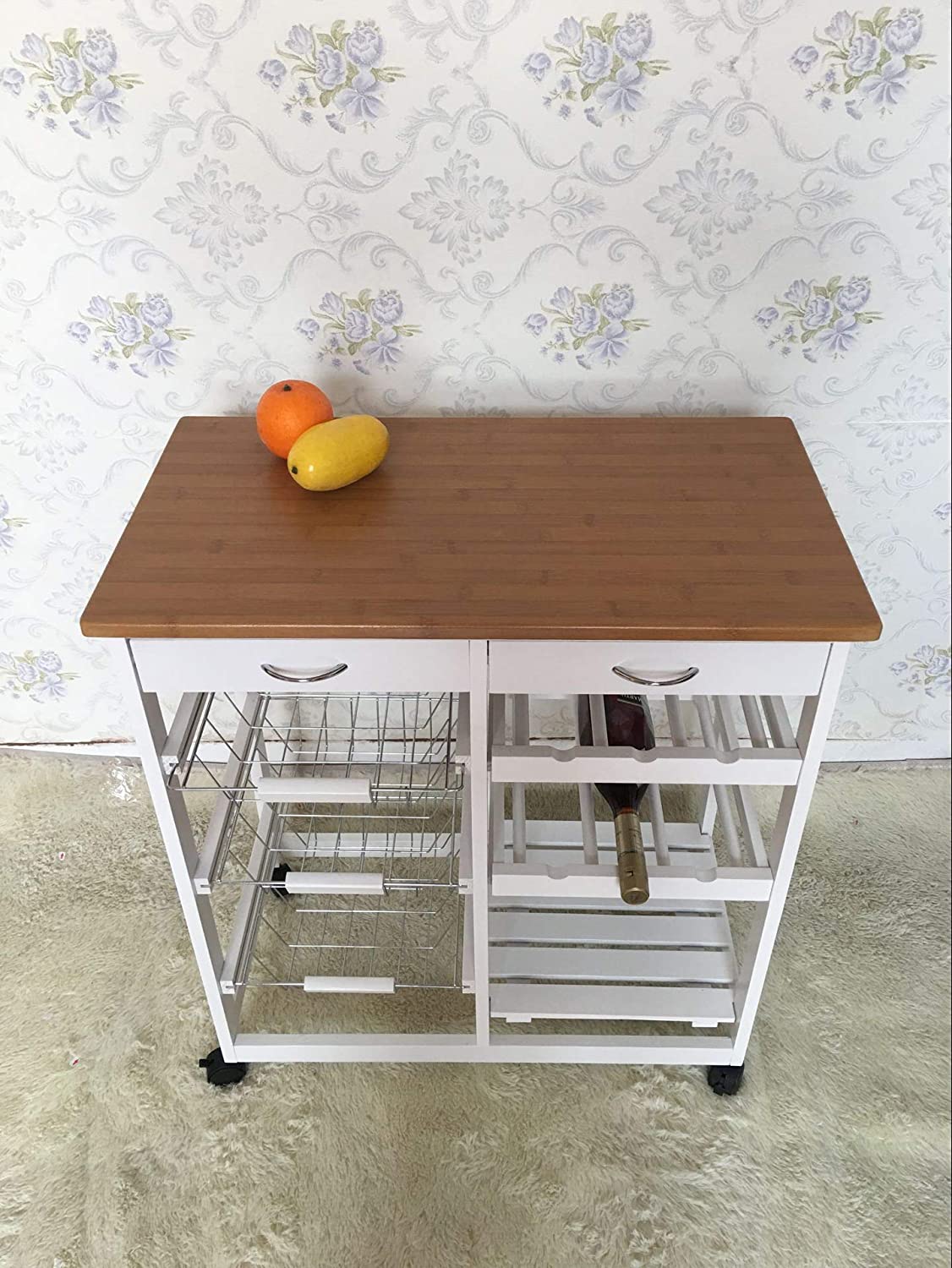 HYGRAD BUILT TO SURVIVE Kitchen Trolley MDF Top White/Grey Island Dining Cart Worktop Basket Storage Lockable Wheels