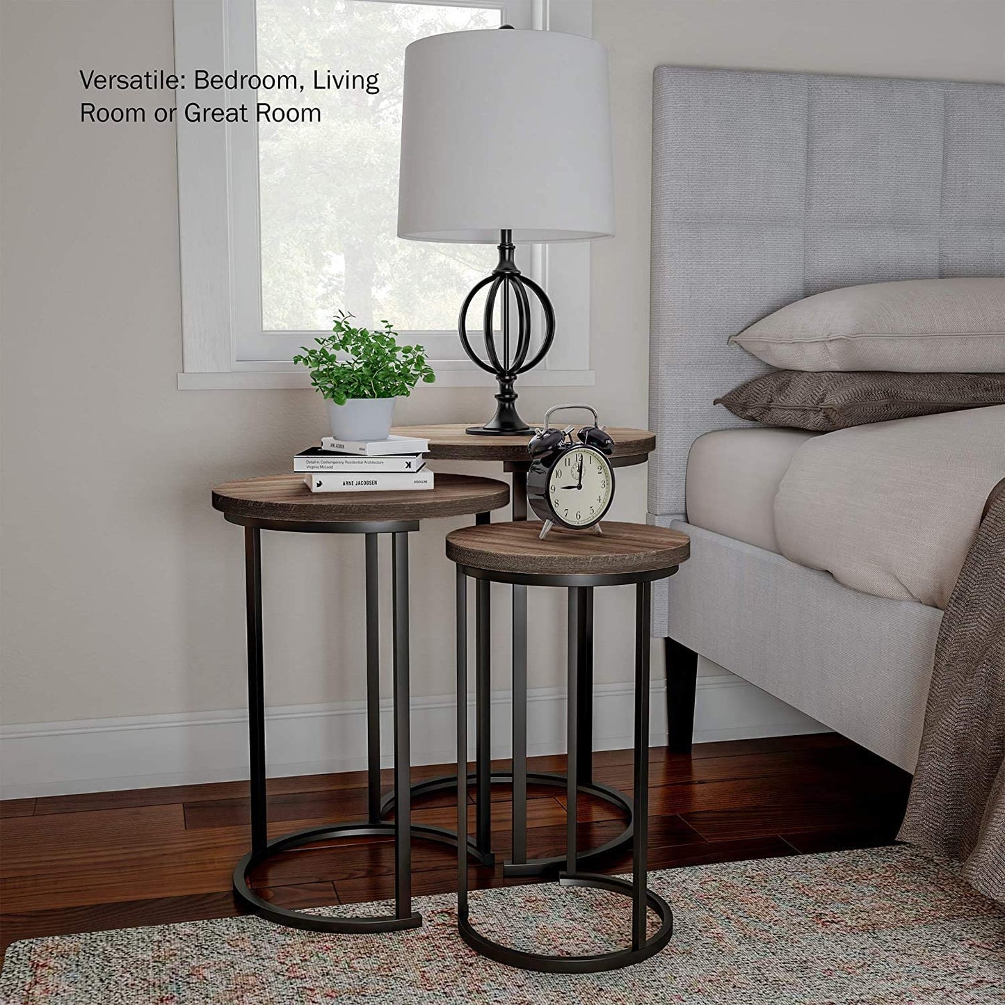 Set of 3 Round Vintage Wooden/Steel Nesting Side Coffee Tables Hallway Bedroom Living Furniture