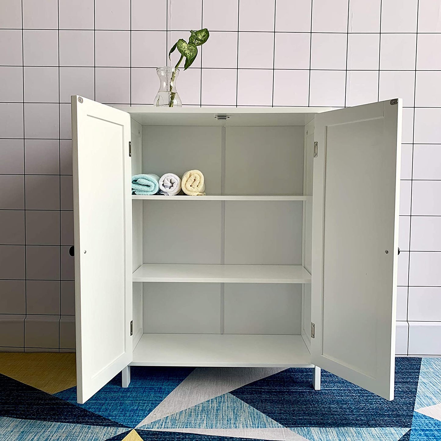 HYGRAD BUILT TO SURVIVE Cabinet White Bamboo Wood Free Standing 2 Door Bathroom Toilet Cabinet Organiser Shelf Cupboard