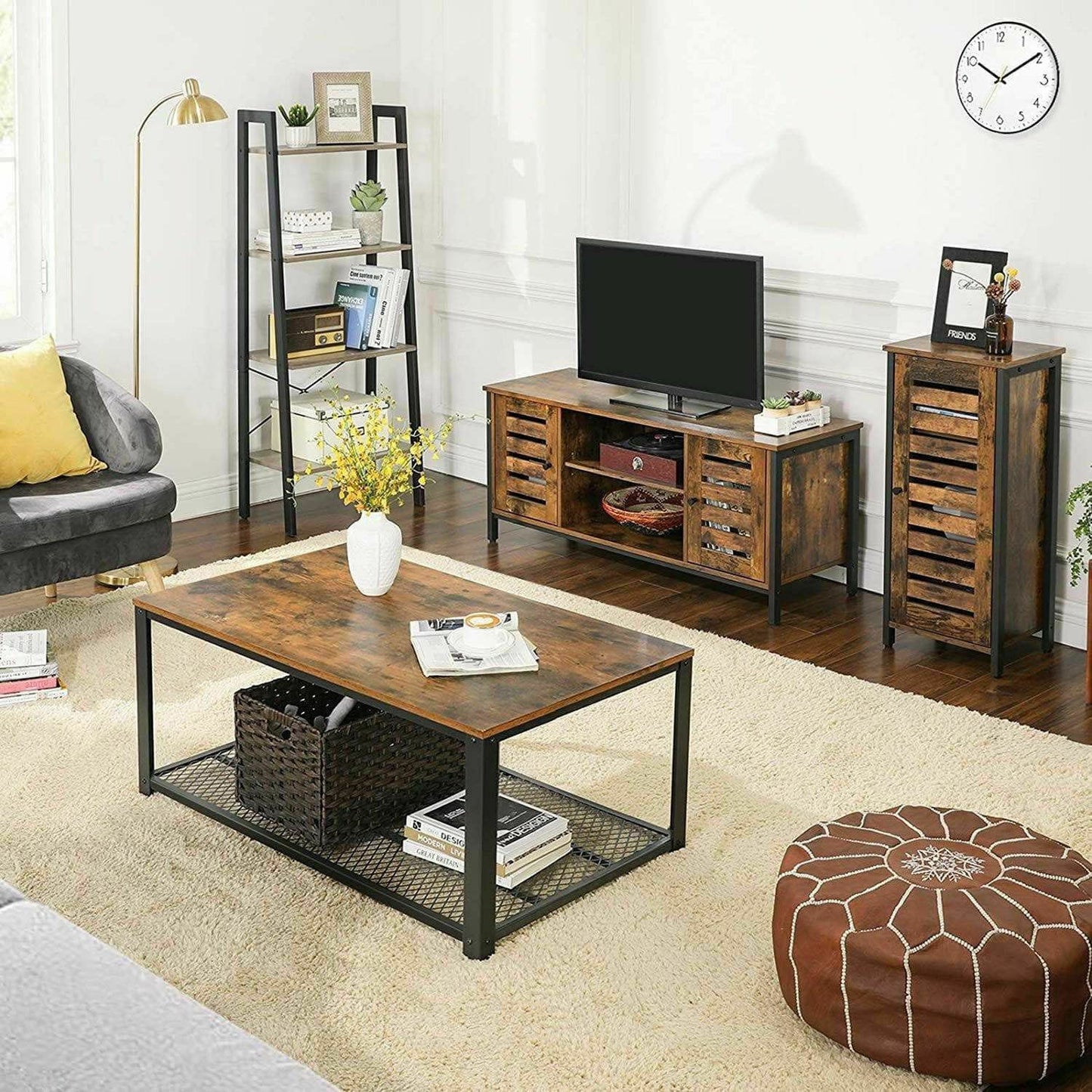 Industrial Style Wood/Steel Nightstand Bedside End Table Bathroom Cabinet Shoe Rack With Shutter Door