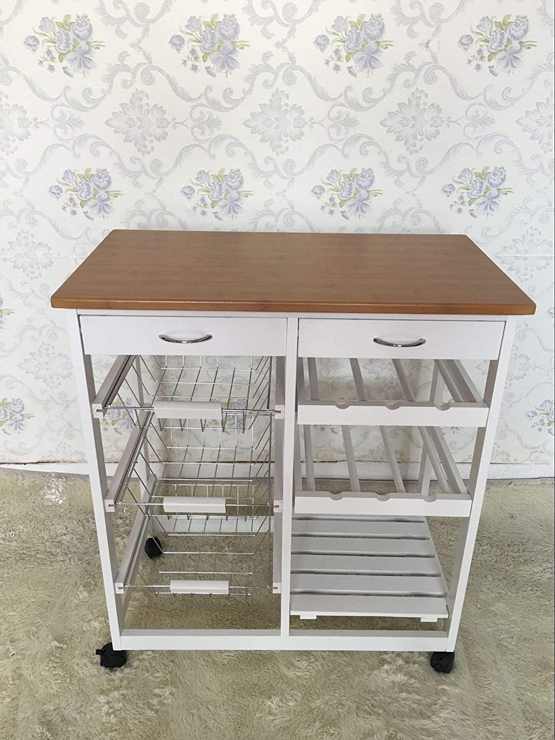 Kitchen Trolley MDF Top White/Grey Island Dining Cart Worktop Basket Storage Lockable Wheels