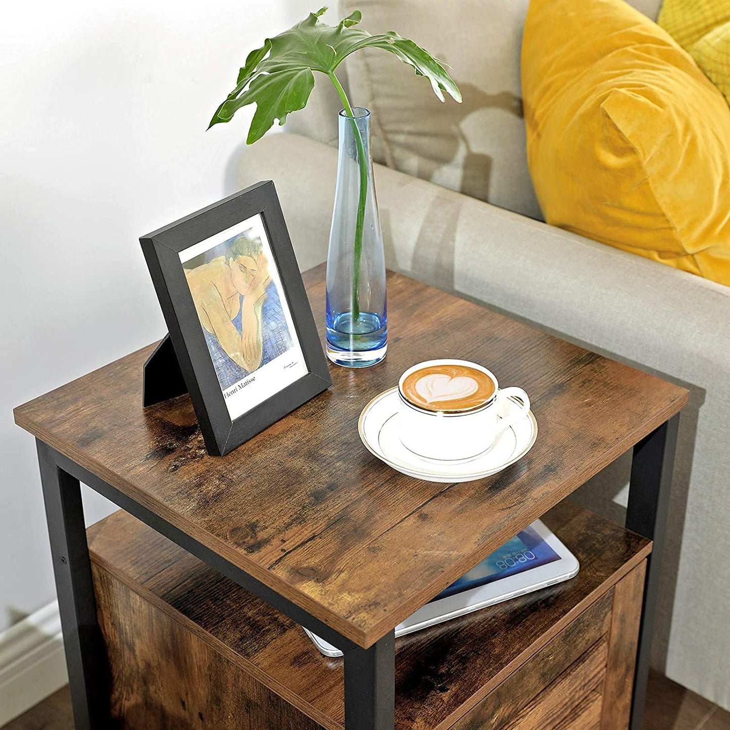 Industrial Style Wooden/Steel Rustic Bedside End Table Nightstand Shelf Cabinet With Shutter Door
