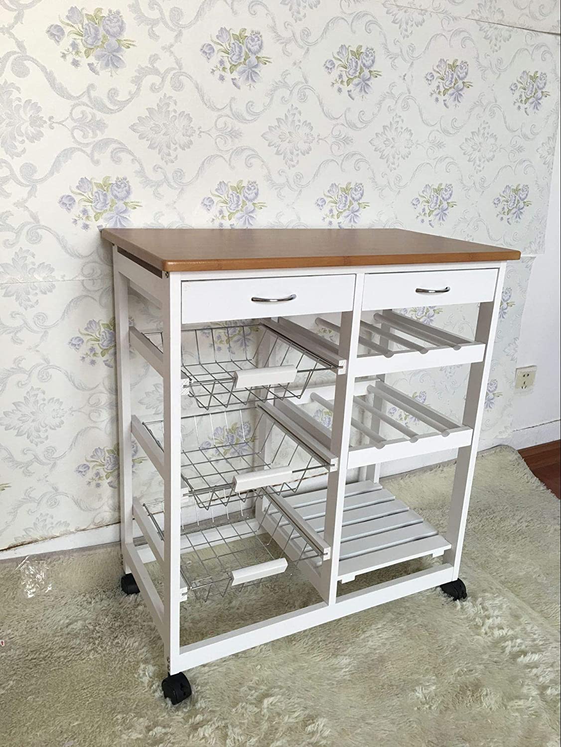 Kitchen Trolley MDF Top White/Grey Island Dining Cart Worktop Basket Storage Lockable Wheels