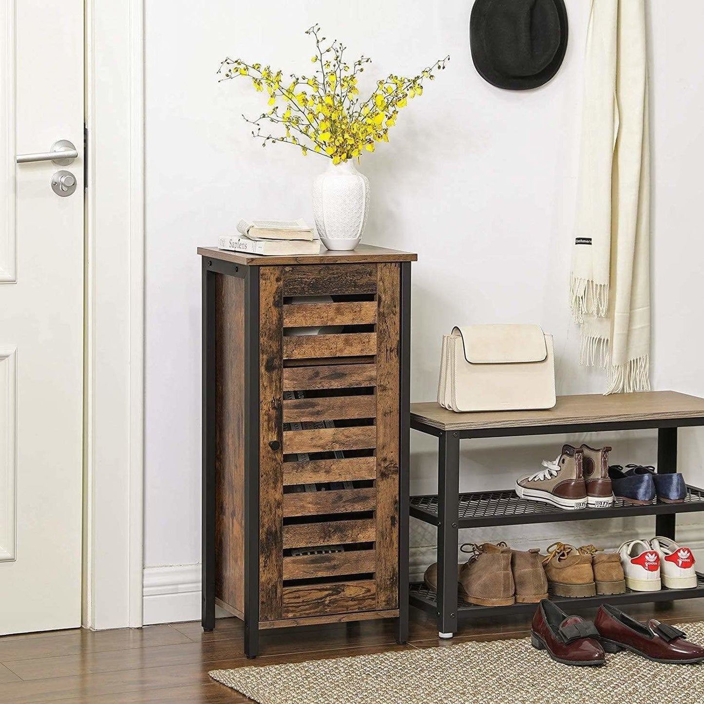 Industrial Style Wood/Steel Nightstand Bedside End Table Bathroom Cabinet Shoe Rack With Shutter Door