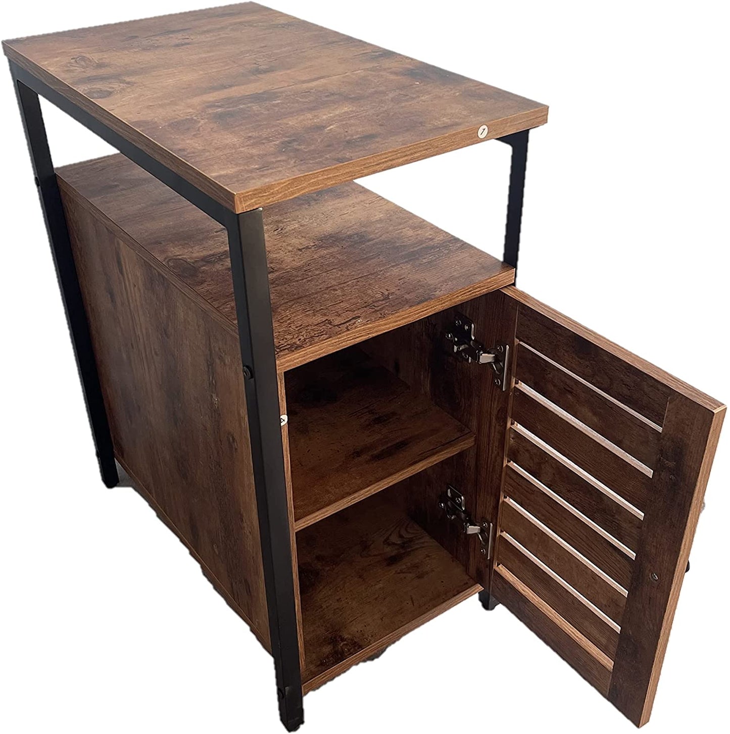 Industrial Rustic Wood/Steel Narrow End Sofa Side Table Shelf With Shutter Door Storage