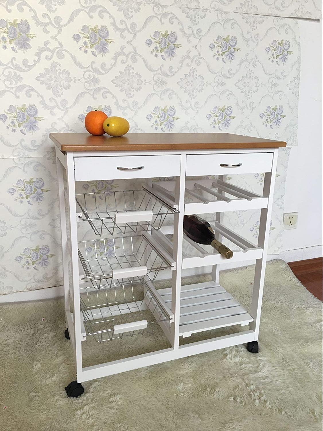 Kitchen Trolley MDF Top White/Grey Island Dining Cart Worktop Basket Storage Lockable Wheels