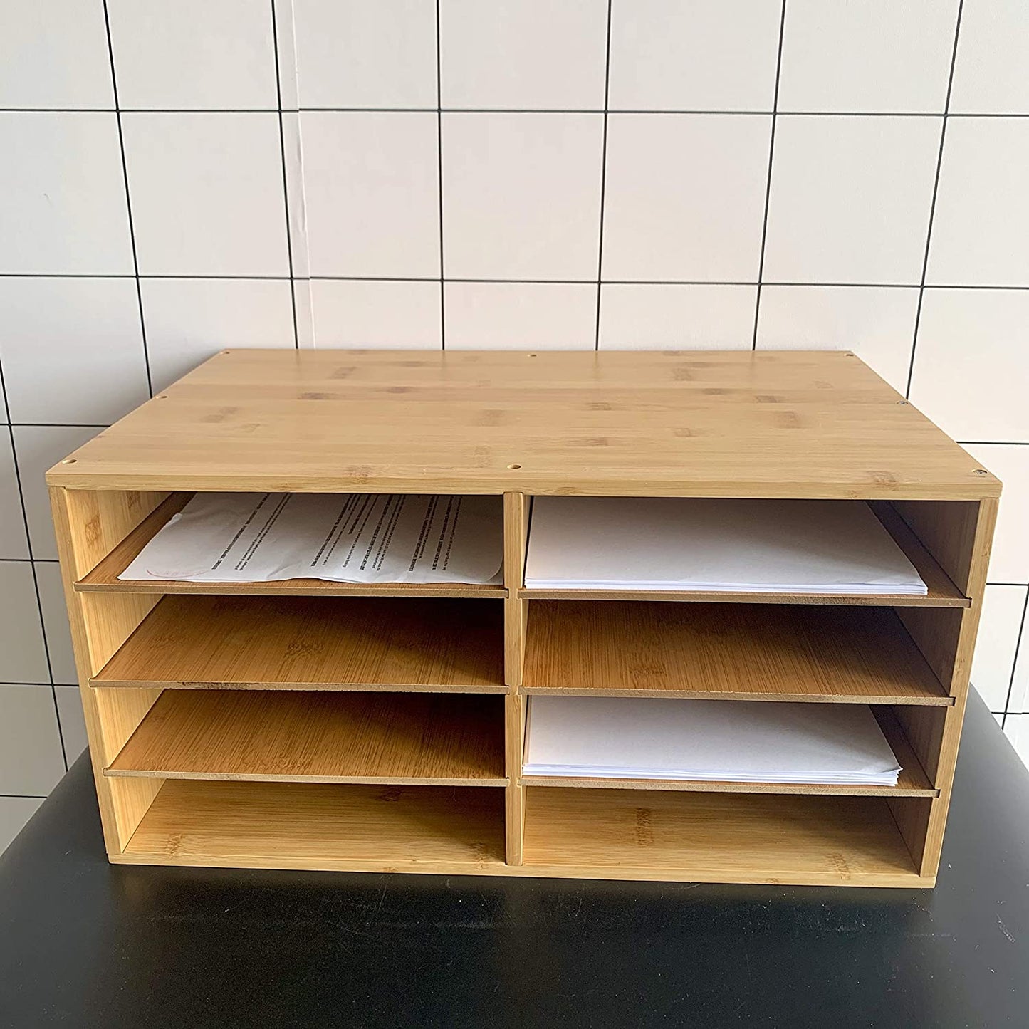 File A4 Paper Hygrad Large Bamboo Desktop File Sorter A4 Document Desk Tidy Organisers Storage 8 Compartments, 49 x 31 x 25cm