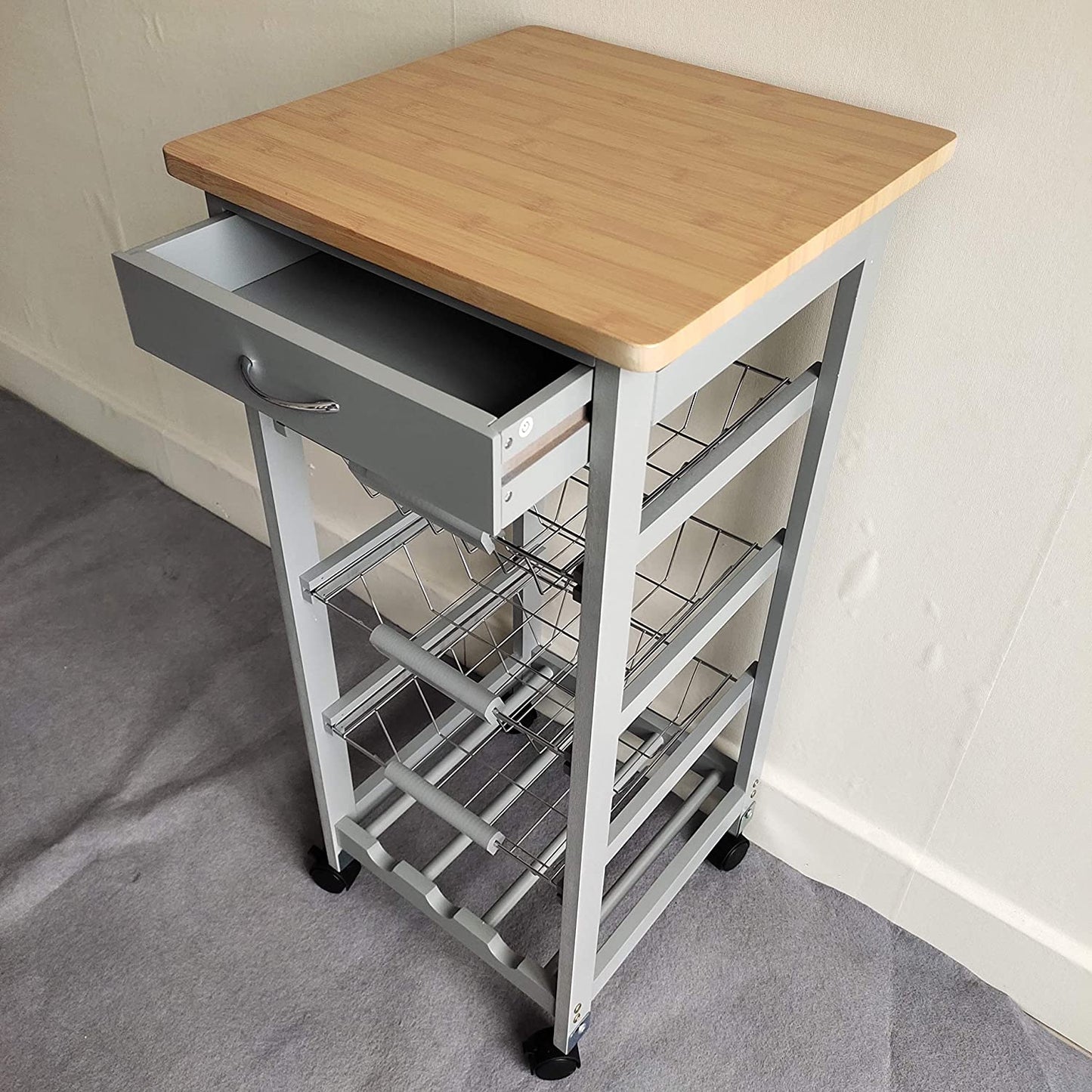 Kitchen Trolley White/Grey Wooden 3 Tier Rolling Basket Organiser Cabinet Cart (3 Basket + 1 Wine Rack)