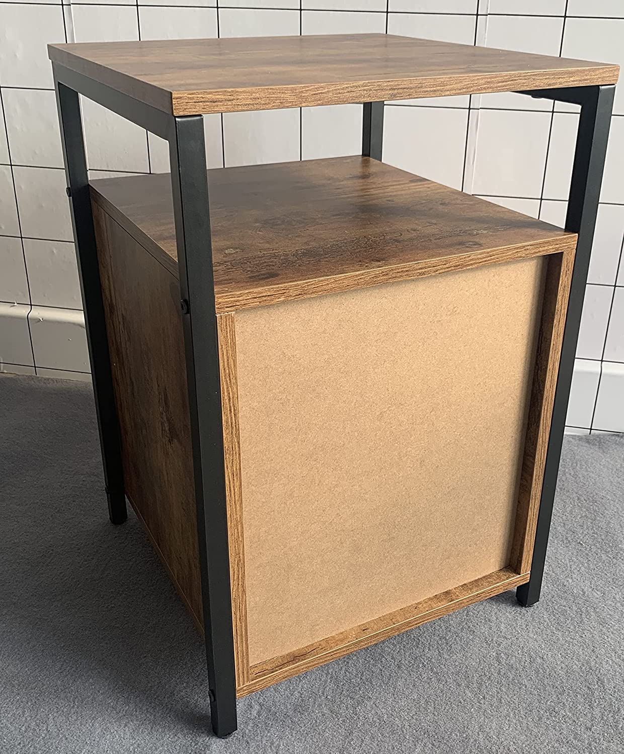Industrial Style Wooden/Steel Rustic Bedside End Table Nightstand Shelf Cabinet With Shutter Door