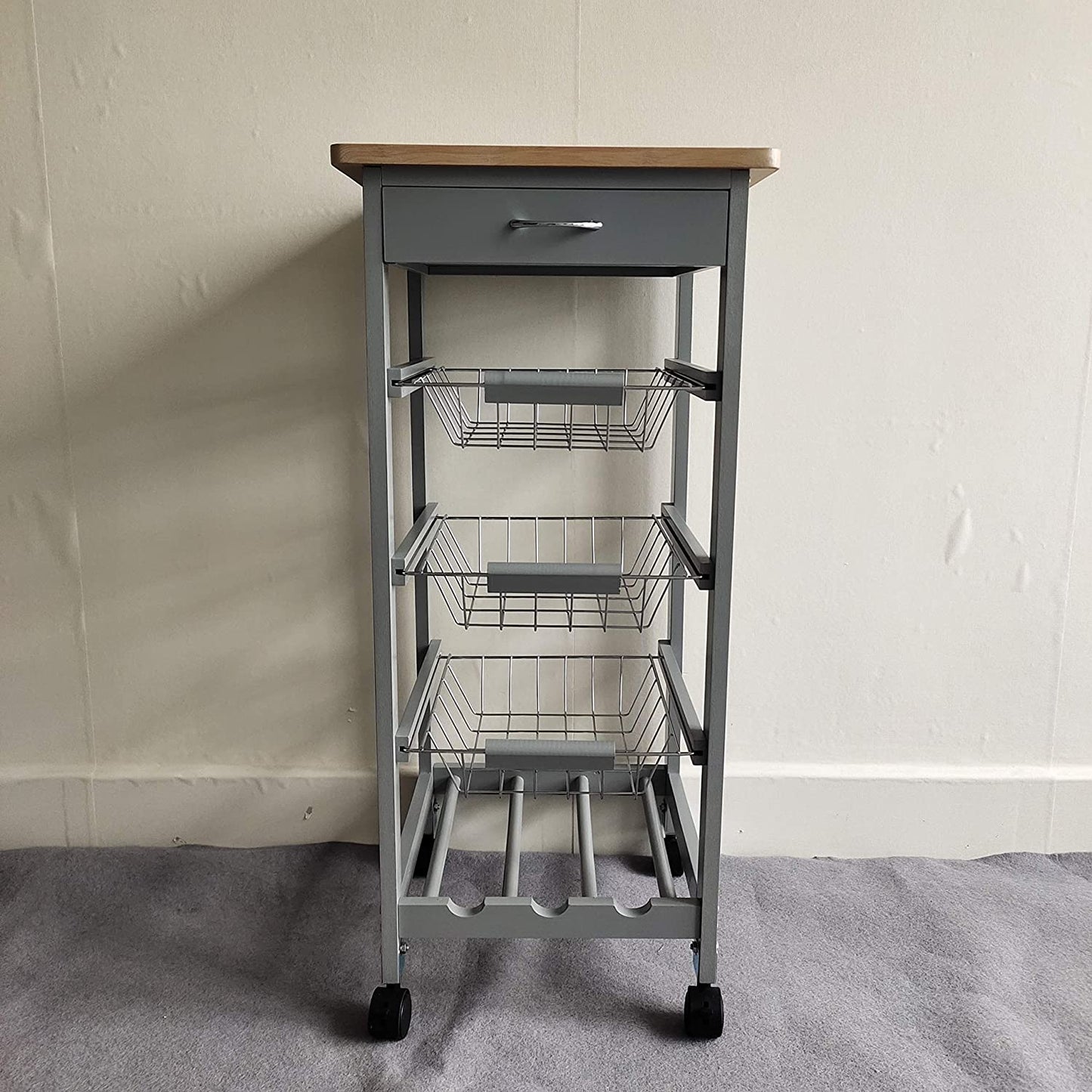 Kitchen Trolley White/Grey Wooden 3 Tier Rolling Basket Organiser Cabinet Cart (3 Basket + 1 Wine Rack)